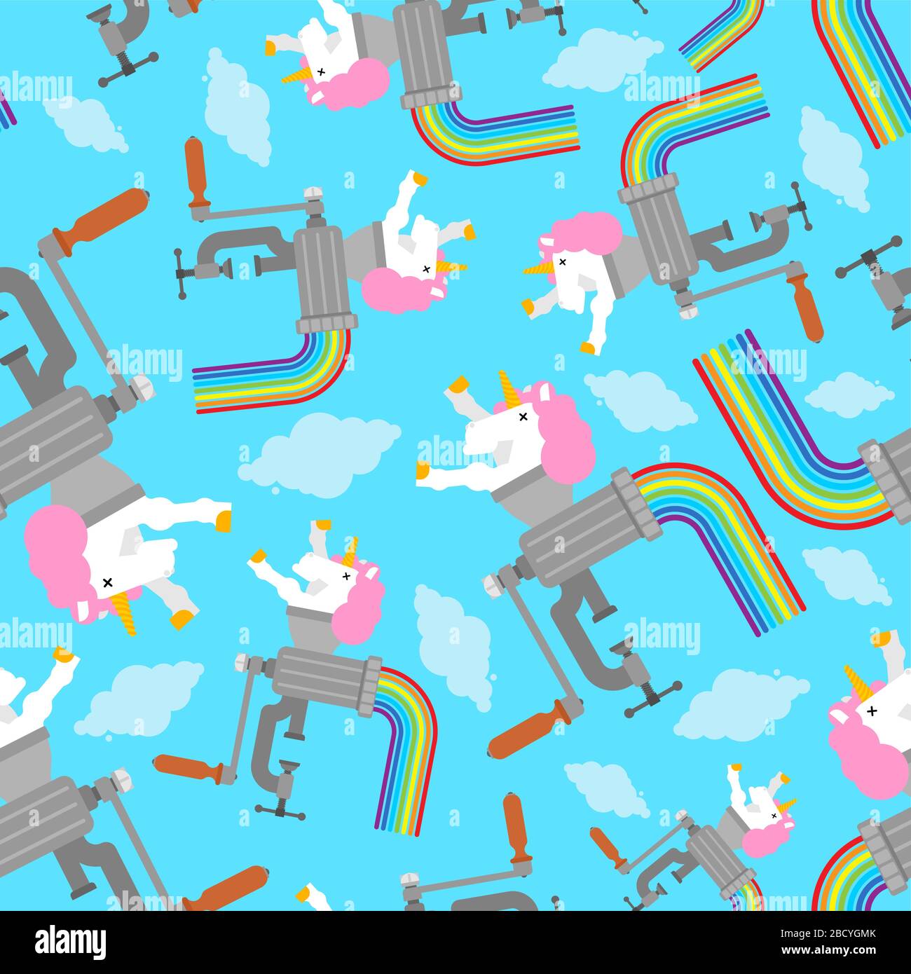 Unicorn in meat grinder pattern seamless. rainbow minced meat background. Magic ornament. vector texture Stock Vector