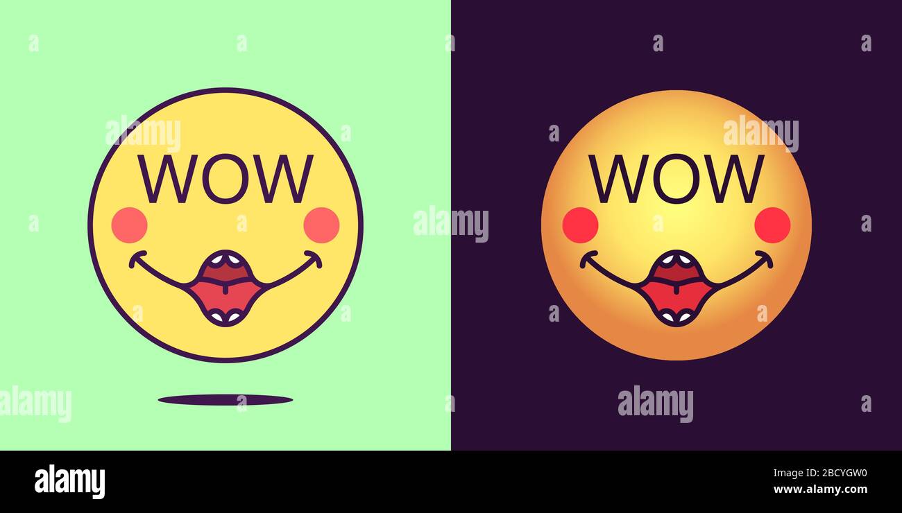 Emoji face icon with phrase Wow. Enthusiastic emoticon with text Wow. Set of cartoon faces, emotion icon for social media communication, rapturous sti Stock Vector