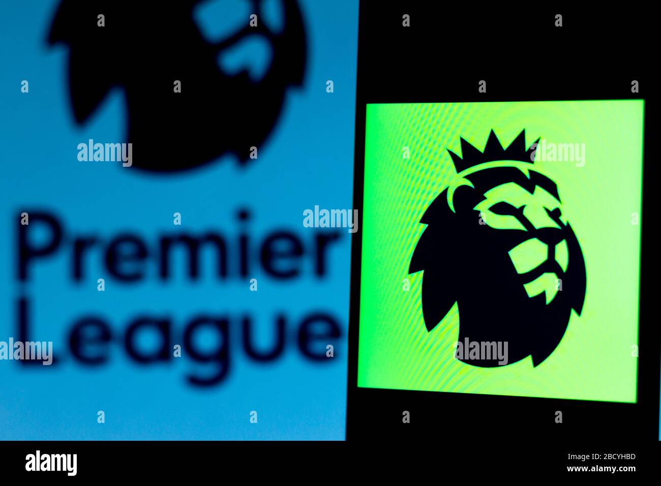 In this photo illustration a Premier League logo seen displayed on a smartphone. Stock Photo