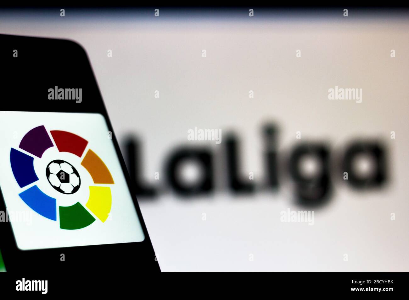 In this photo illustration a Primera División da Liga de Fútbol Profesional (La Liga) logo seen displayed on a smartphone. Stock Photo