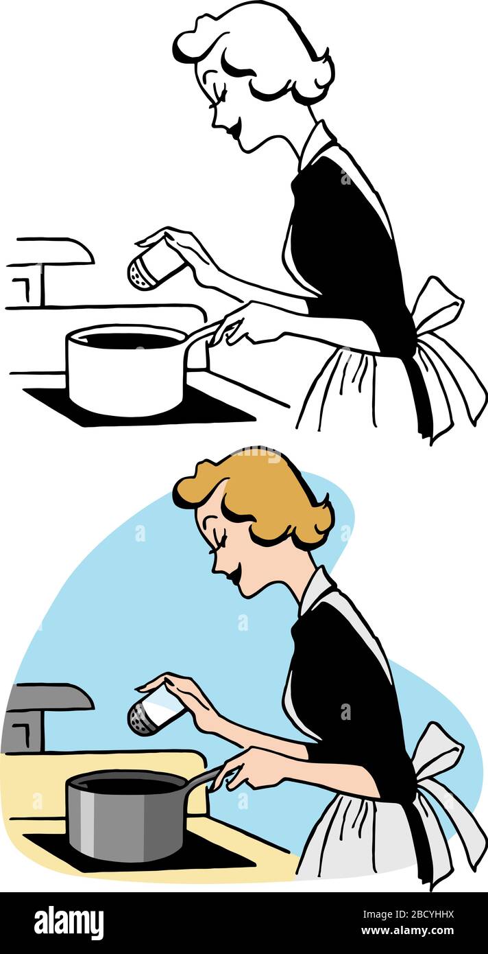 A cartoon of a woman cooking soup on her stove and adding salt. Stock Vector