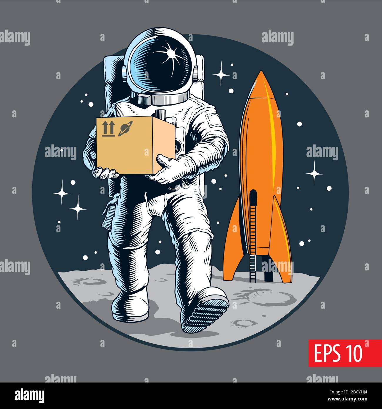 Delivery service, astronaut holding package or cardboard box. Space colonization. Shipping cargo to space. Comic style vector illustration. Stock Vector