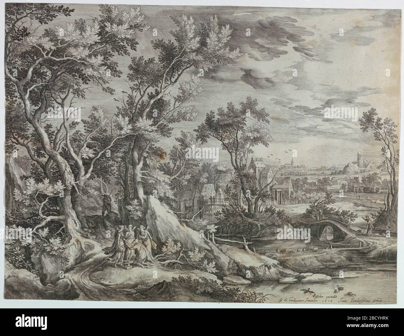 Landscape with Abraham and the Three Angels. Research in ProgressLandscape with threes and a roat at right. Kneeling Abraham and three angels on it. Left mid-distance several houses; a church and ruins of a castle at horizon. Landscape with Abraham and the Three Angels Stock Photo