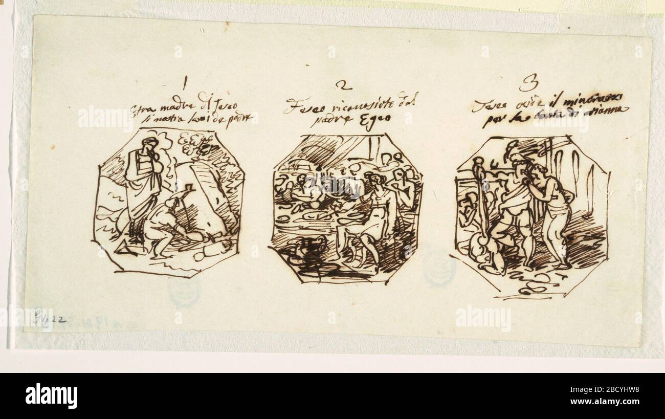 Three Sketches of Theseus Subjects for the Sala di Teseo Palazzo Gaddi Forli. Research in ProgressAt left: kneeling youngster takes sword and shoes of father Aegeus from beneath stone. Aethra stands beside. Three Sketches of Theseus Subjects for the Sala di Teseo Palazzo Gaddi Forli Stock Photo