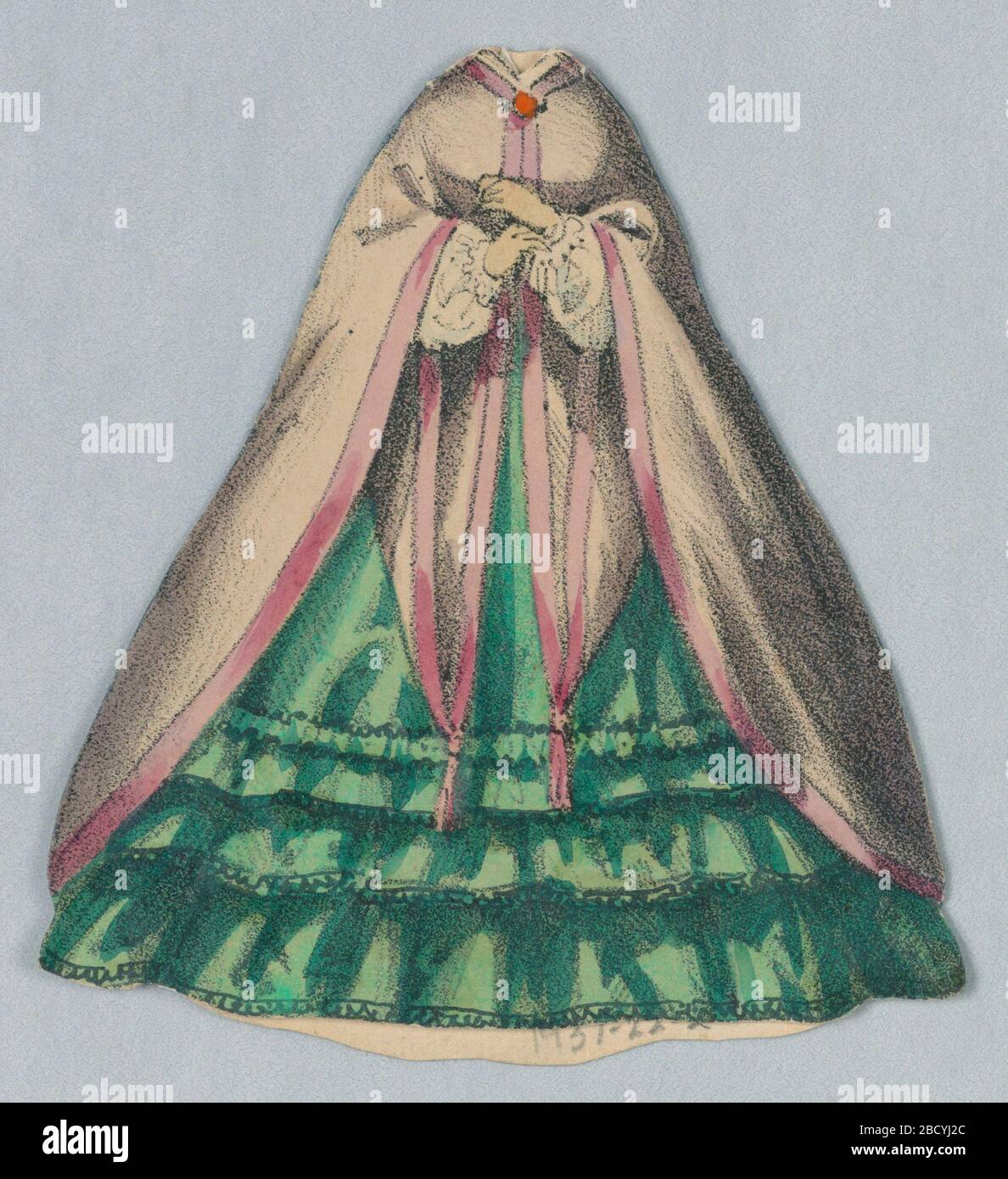 Paper Doll and Costume. Paper doll costumed in a mid-19th century period  dress with a full green skirt with ruffled edging and pink cloak with a  darker pink satin trim. Paper Doll