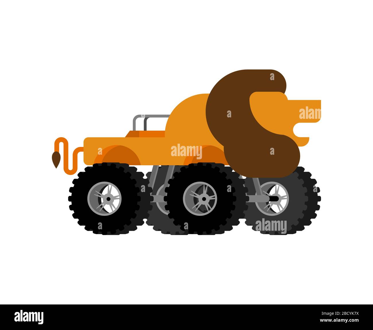 Monster Truck lion. Cartoon car animal on big wheels. vector
