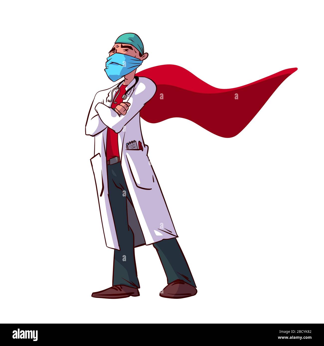 Colorful vector illustration of a male doctor superhero with a cape Stock Vector