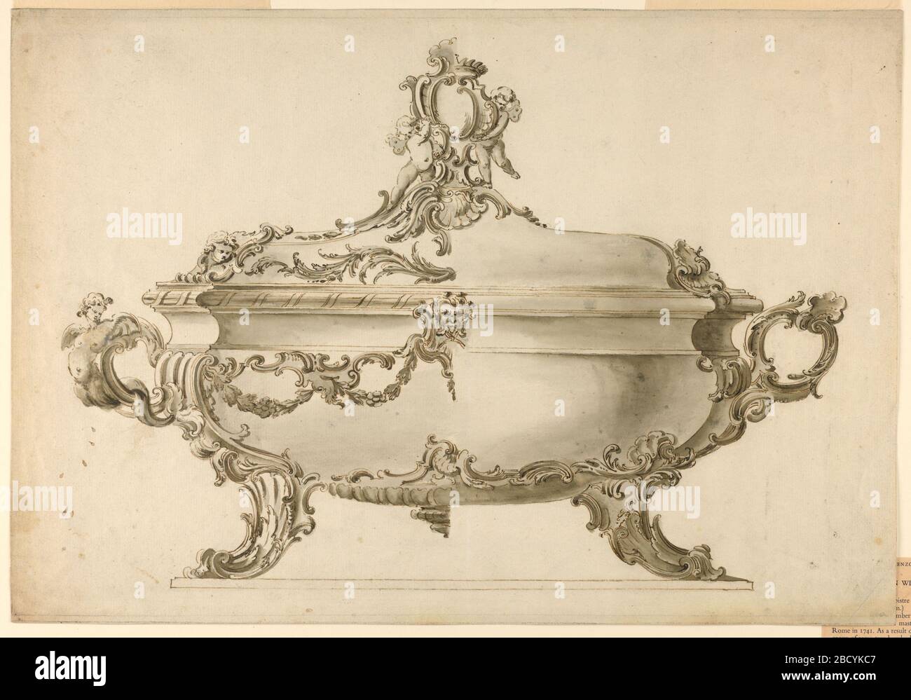 The Elevation of a Silver or Silver Gilt Tureen. Research in ProgressThe left half suggests a much richer decoration--with rocaille and floral motifs--than the right one. The handle at left is composed of scrolls and a sea harp, the right one of scrolls and a shell. Two putti hold an escutcheon on top of the cover. The Elevation of a Silver or Silver Gilt Tureen Stock Photo