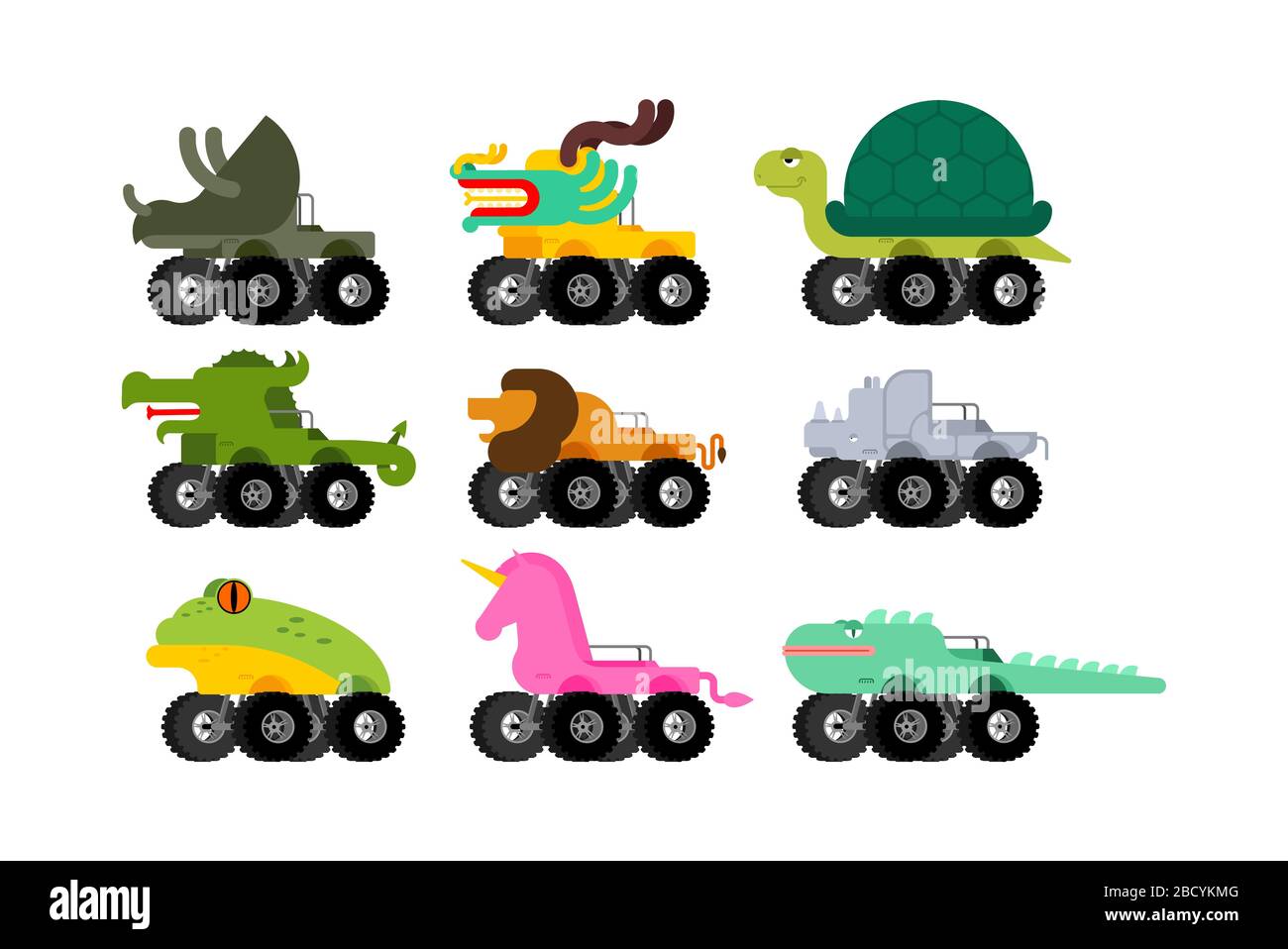 Monster Truck animal set. Cartoon car beast on big wheels. vector