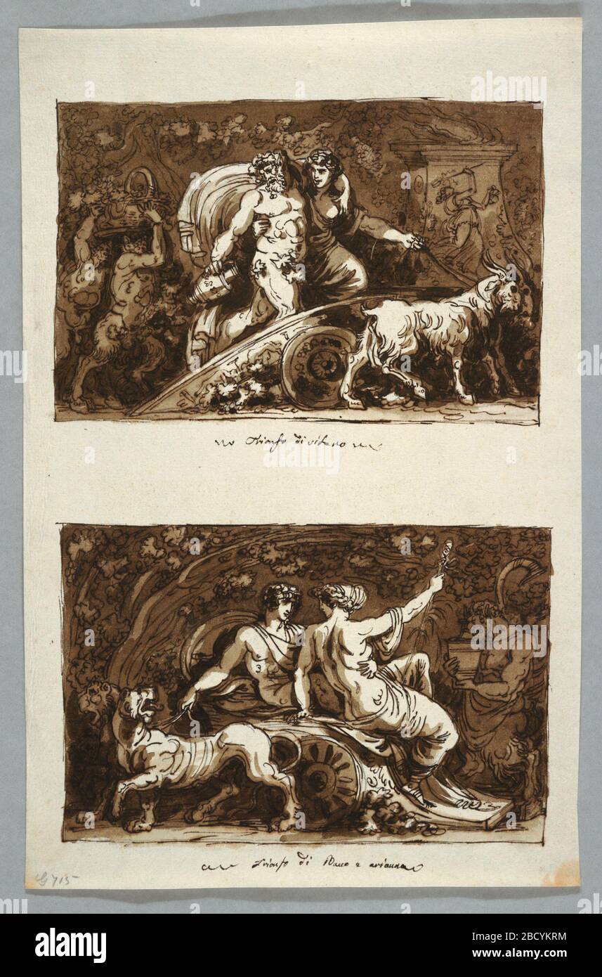 Sheet from a Sketchbook Triumph of Silenus and Triumph of Bacchus and Ariadne. Upper image: Silenus standing in a chariot supported by a Maenad holding the reins of the goats. Satyrs follow carrying a basketfull of wine.Lower image: Bacchus and Ariadne are seated in a chariot drawn by panthers. Satyrs follow it. Sheet from a Sketchbook Triumph of Silenus and Triumph of Bacchus and Ariadne Stock Photo