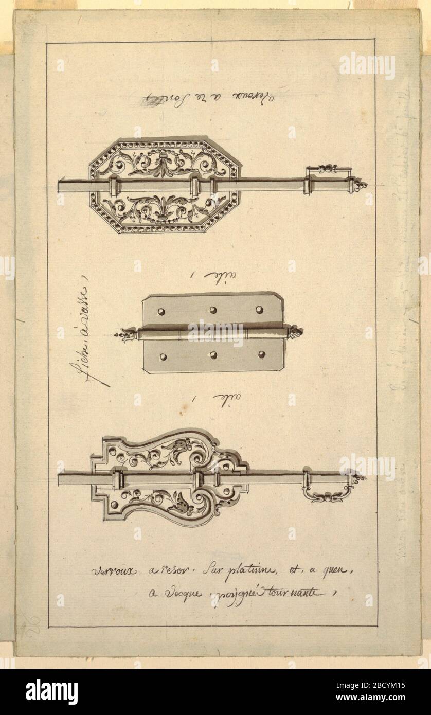 Designs of Bolts and a Hinge. Research in ProgressUpper bolt in shape of an octagonal escutcheon with rinceaux decor; lower bolt, same except for curved escutcheon; center, hinge has six holes. Designs of Bolts and a Hinge Stock Photo