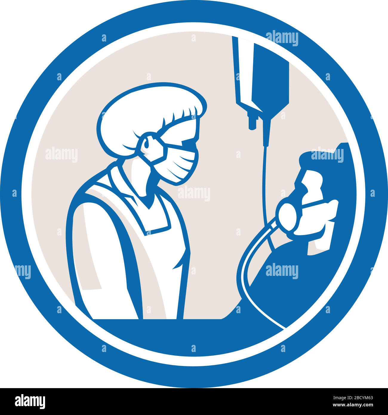 Illustration of a doctor or nurse wearing a surgical mask tending a sick and highly infectious and contagious patient in bed with iv intravenous drip Stock Vector