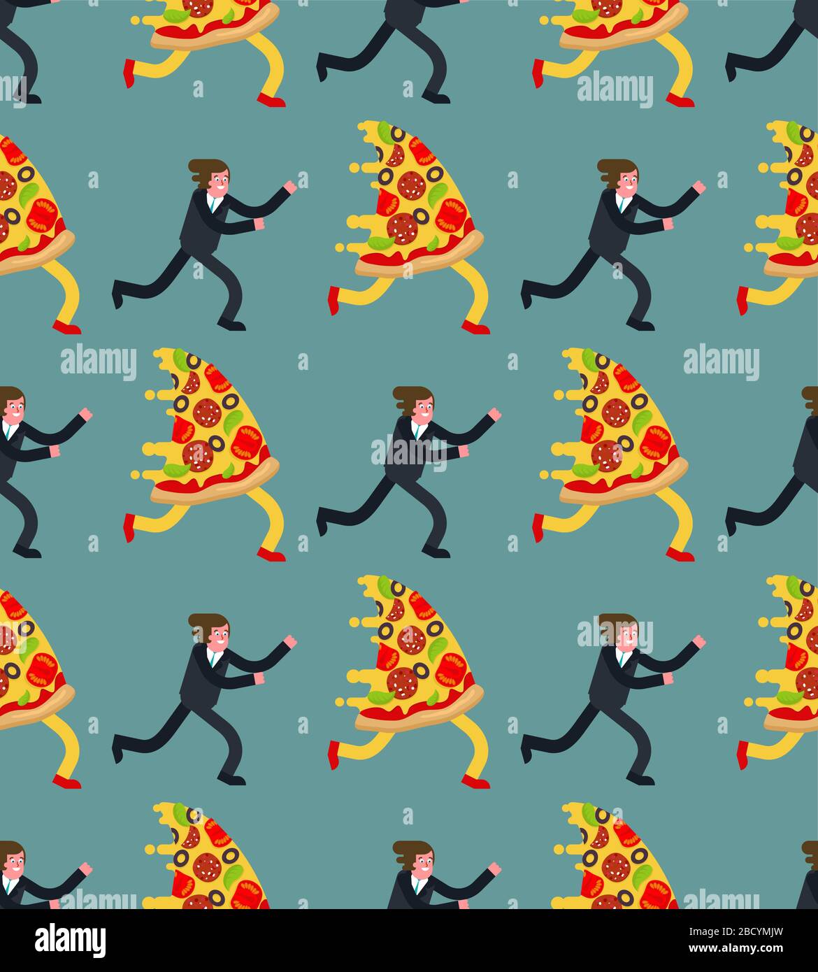 Man runs for pizza pattern seamless. Hunger vector background Stock Vector