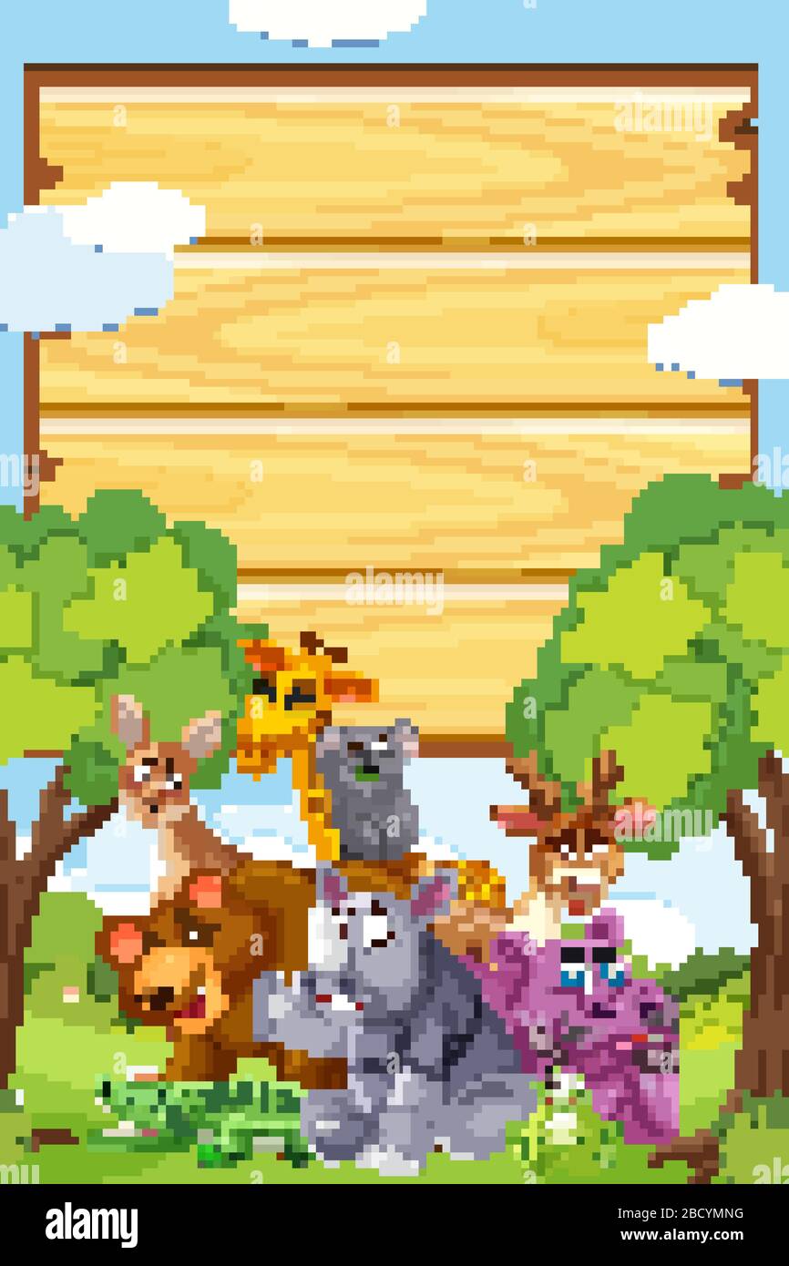 Border template design with many wild animals in background ...