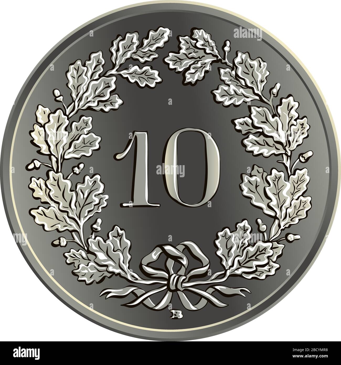 Reverse of 10 centimes coin Swiss franc with 10 in wreath of gentian, official coin in Switzerland and Liechtenstein Stock Vector