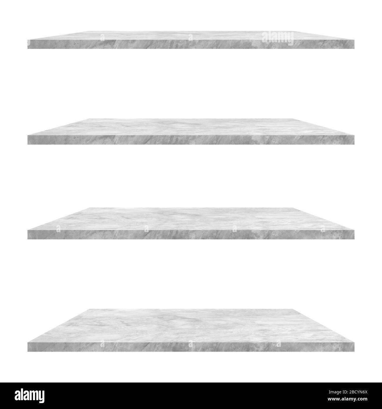 4 concrete shelves table isolated on white background and display montage for product. Stock Photo