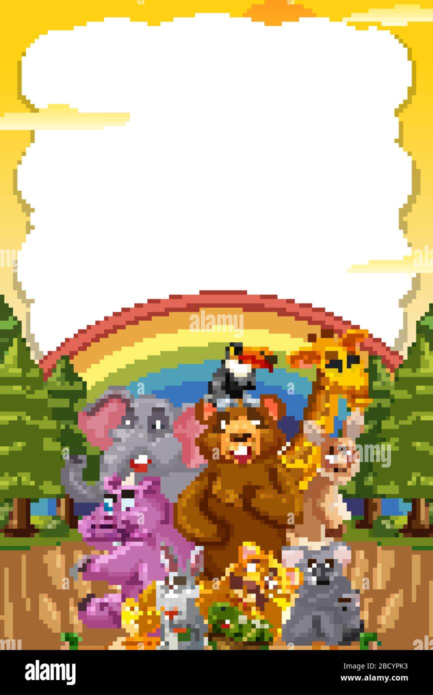 Border template design with many wild animals in background