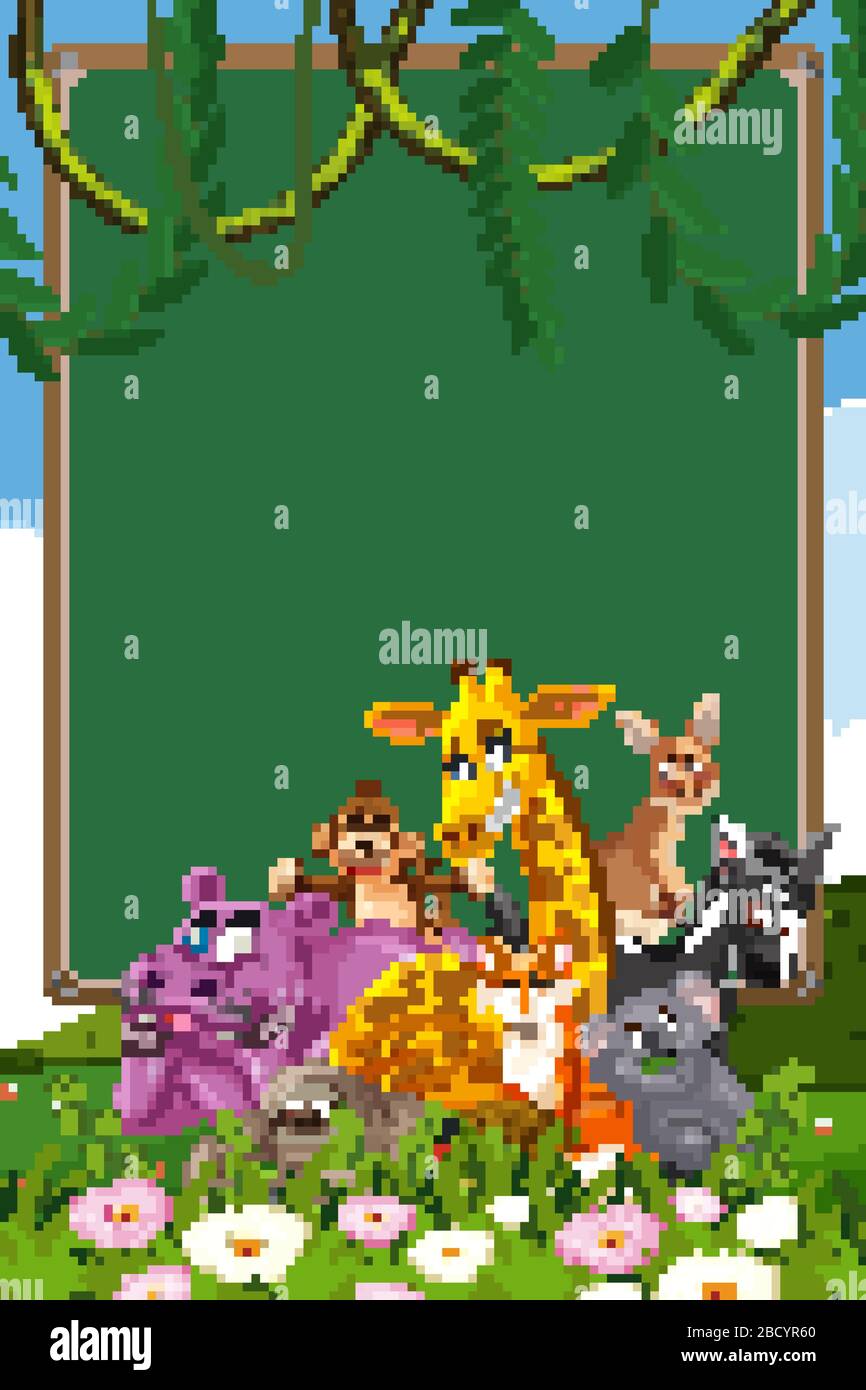Border template design with many wild animals in background