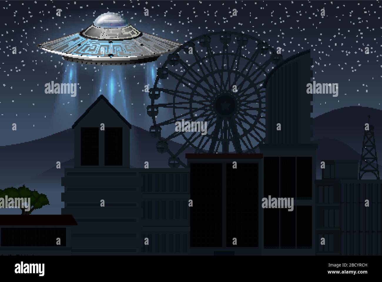 Background scene with UFO flying in dark sky illustration Stock Vector ...