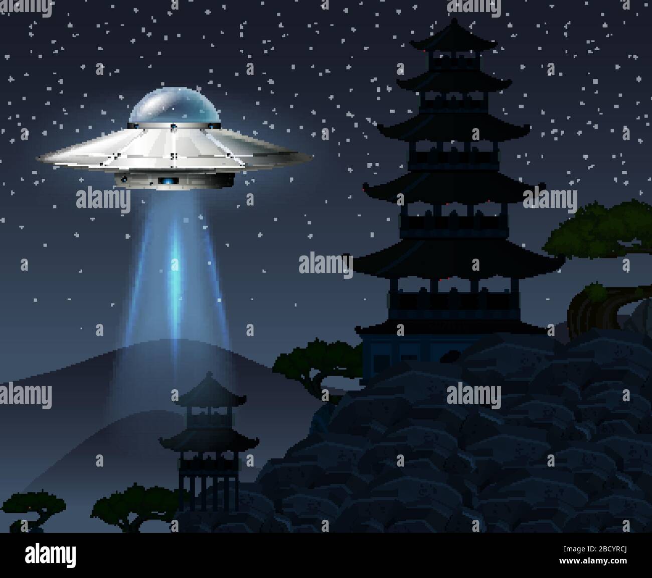 Background scene with UFO flying in dark sky illustration Stock Vector ...