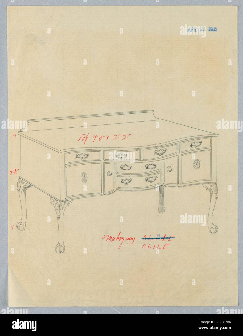 Design for Sideboard with Ten Drawers and Ball and Claw Feet. Research in ProgressOblong sideboard with four cabriole legs with ball and claw feet decorated with carved acanthus leaves at top of each; tri-partite front is serpentine with four conforming drawers at center atop recessed central section which has two drawers with a door on eit Design for Sideboard with Ten Drawers and Ball and Claw Feet Stock Photo
