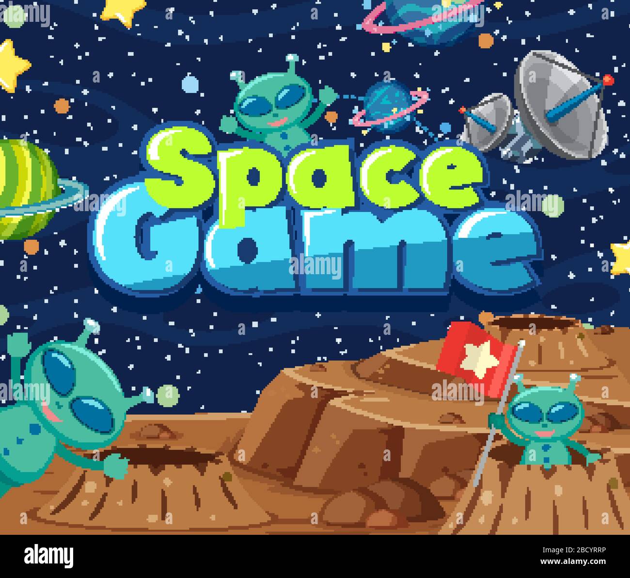 Poster design with word space game and aliens in the space illustration ...
