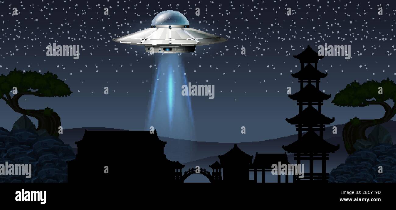 Background scene with UFO flying in dark sky illustration Stock Vector ...