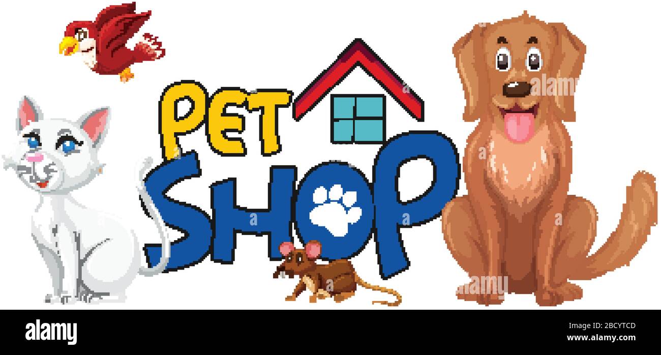 Font design for pet shop with many cute animals illustration Stock ...