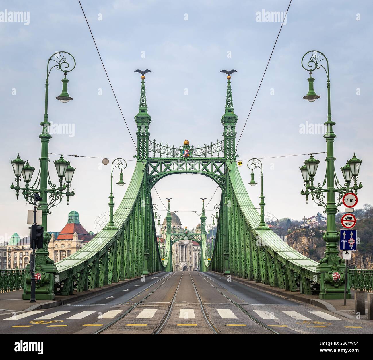 Budapest, Hungary - The totally empty Liberty Bridge (Szabadsag hid) on a quiet morning with no cars, trams and tourists on it due to the 2020 Coronav Stock Photo