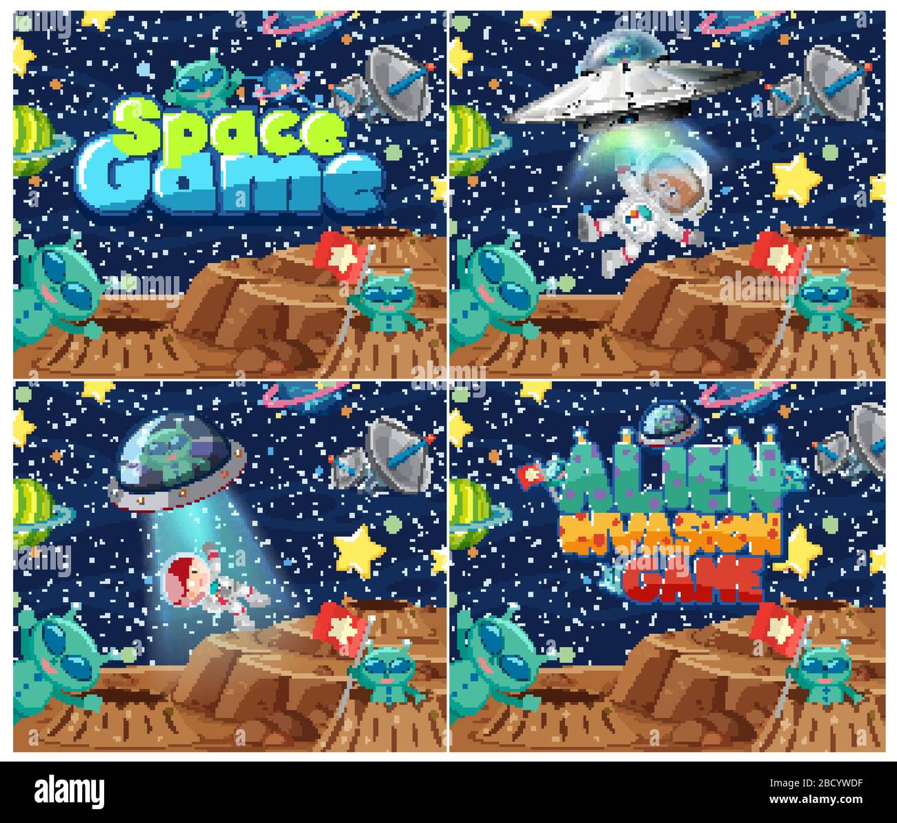 Four background design with aliens and many planets in space ...