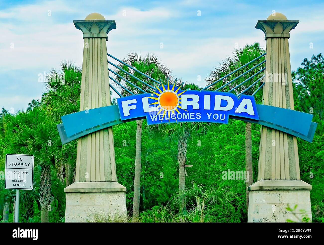 The Florida welcome sign is pictured on Interstate 10 east, April 4, 2020, in Pensacola, Florida. Stock Photo