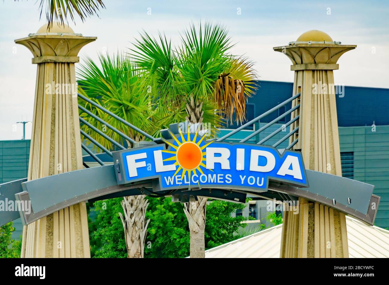 The Florida welcome sign is pictured at the Florida Welcome Center, April 4, 2020, in Pensacola, Florida. Stock Photo