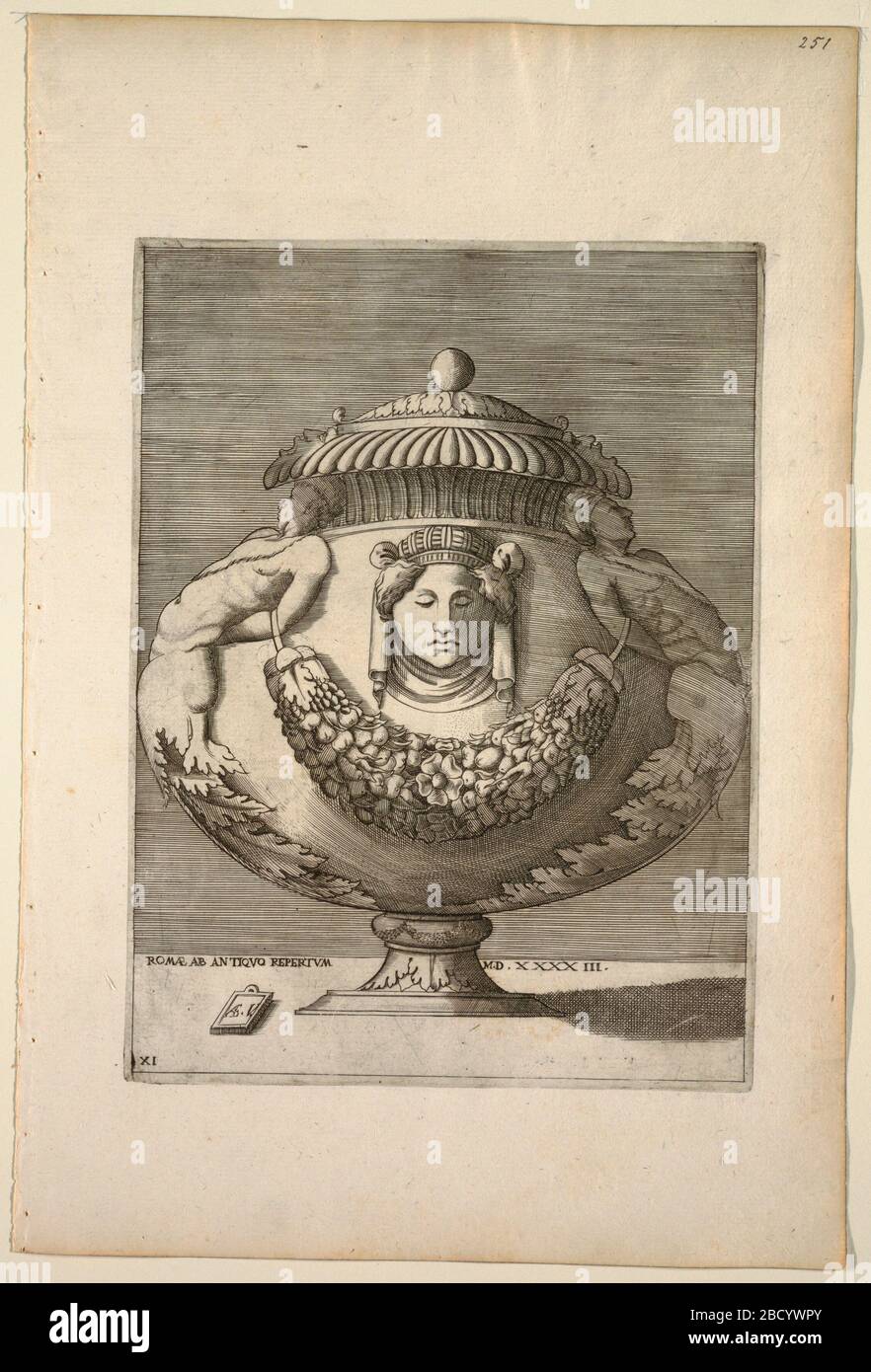 Vase Decorated with Figures Rinceaux and Festoons. Research in ProgressVertical rectangle. Covered vase with bulbous body rests upon pedestal base. A ball finial, gadrooning and fluting are at top. Vase Decorated with Figures Rinceaux and Festoons Stock Photo