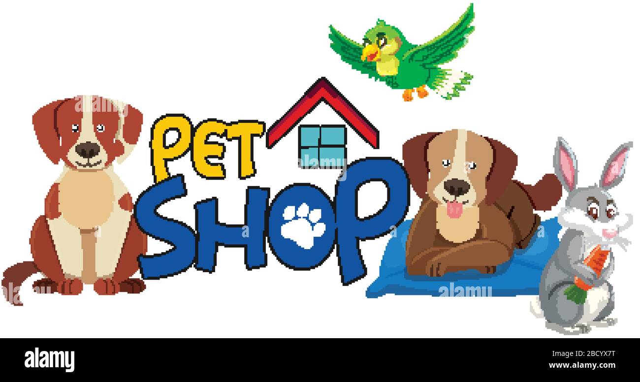 Font design for pet shop with many cute animals illustration Stock ...