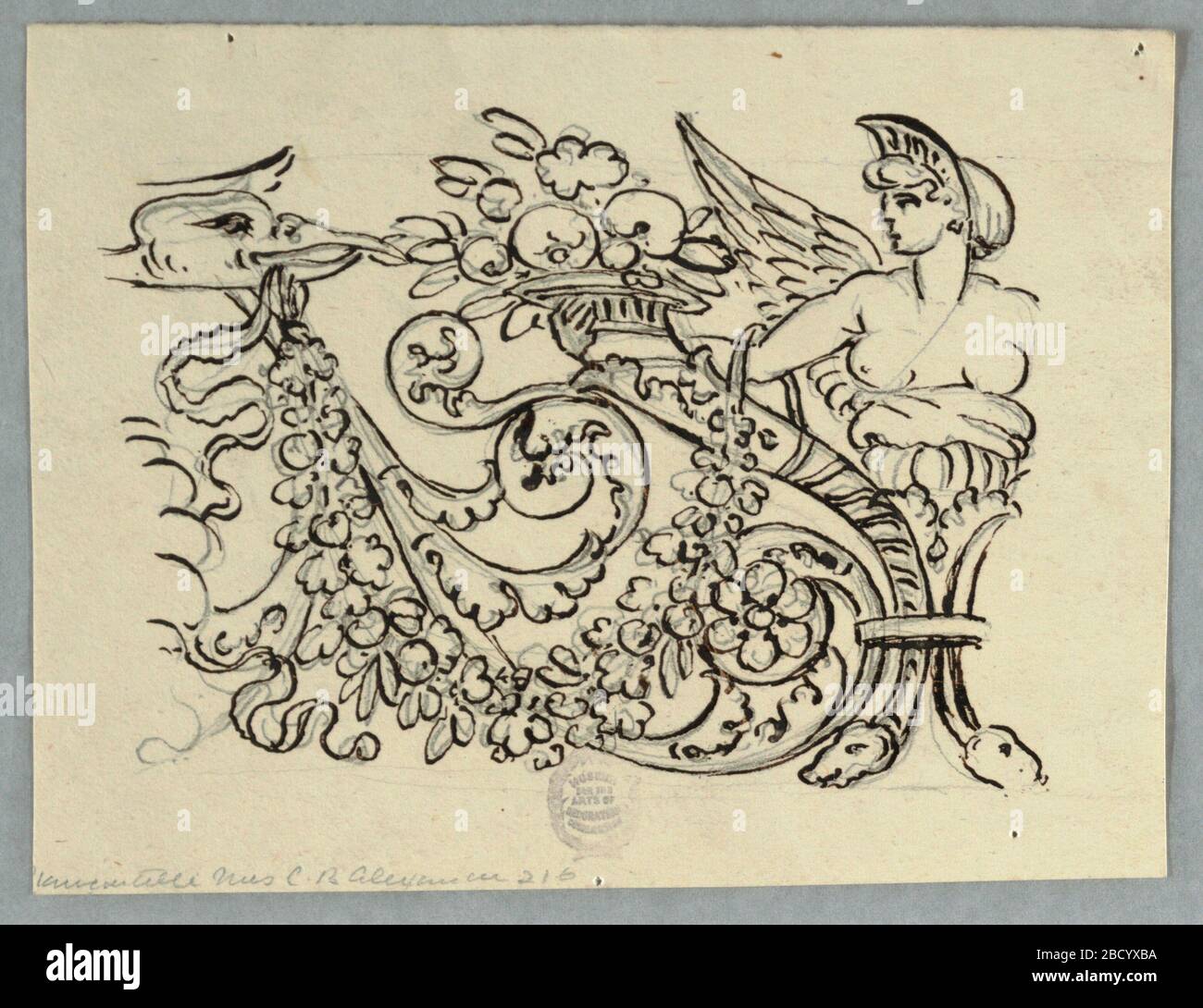 Project for the Decoration of a Frieze. Research in ProgressA fantastical head is shown at left, holding a fruit festoon, the other end of which passes the right arm of the bust of a winged female genius holding a cornucopia. A part of an acanthus rinceau forms the background at left. Project for the Decoration of a Frieze Stock Photo