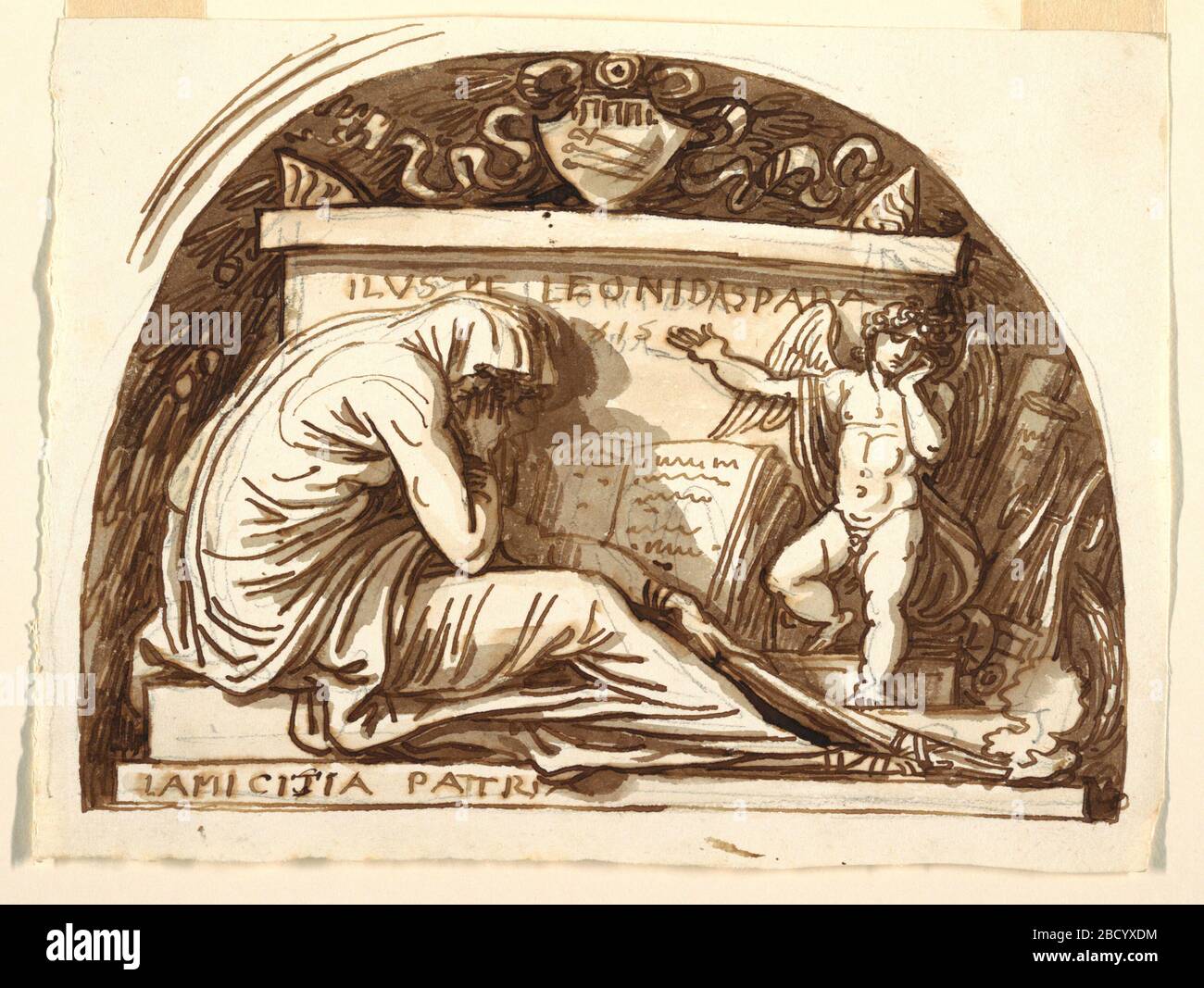 Sepulchral Monument for Leonida Spada. Research in ProgressA sarcophagus topped by a coat-of-arms stands in a lunette-like niche while a sorrowing putto points out the inscription to Leonida Spada. A woman with a torch crouches in the left foreground. Sepulchral Monument for Leonida Spada Stock Photo