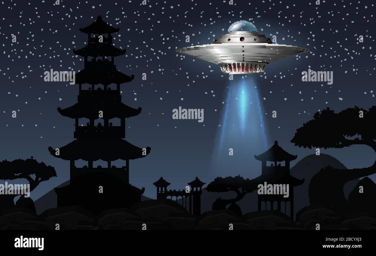 Background scene with UFO flying in dark sky illustration Stock Vector ...