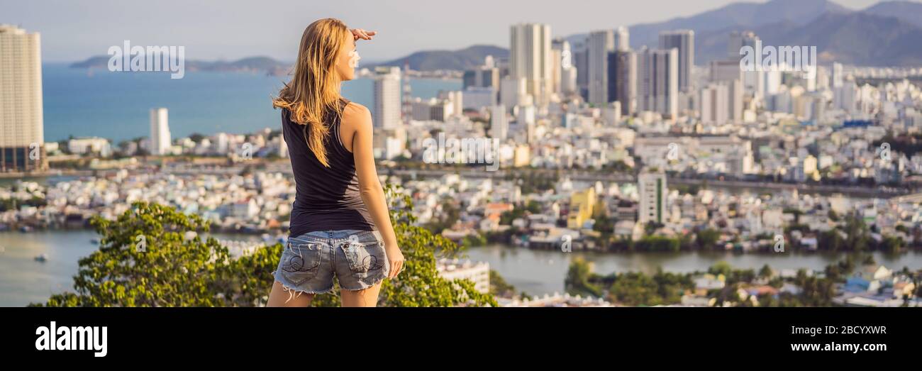 Woman Tourist On The Background Of Nha Trang City Travel To Vietnam Concept Banner Long Format Stock Photo Alamy