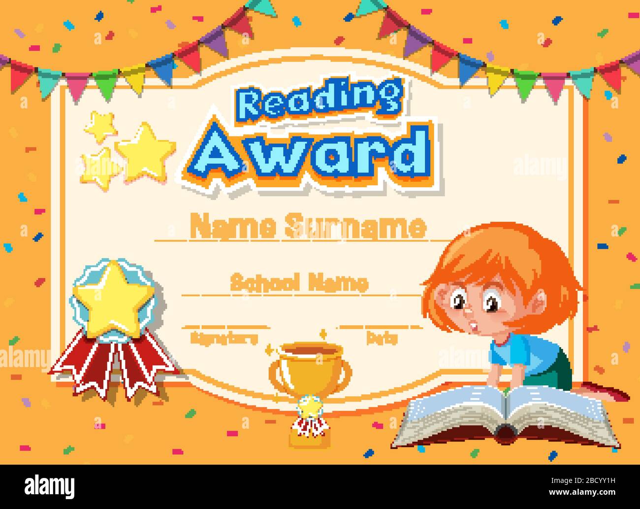 Certificate template design for reading award with girl reading With Children