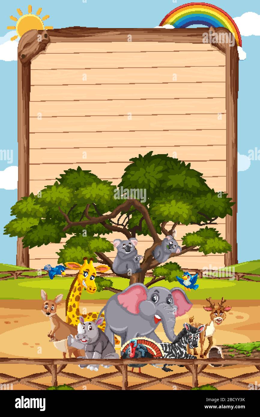 Border template design with many wild animals in background ...