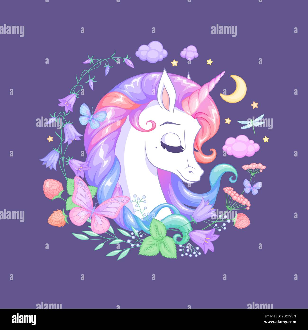 Cute sleeping unicorn surrounded with flowers and butterflies. Isolated vector illustration. Stock Vector