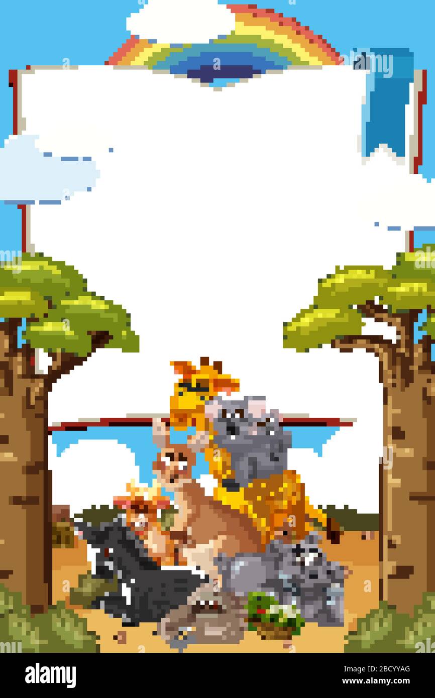 Border template design with many wild animals in background ...