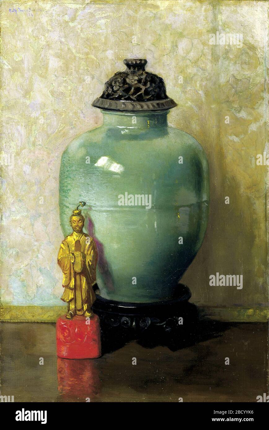 Green Chinese Jar. This painting shows a large pale green urn and a small figure of a Chinese scholar. After the fall of the Qing, China’s last imperial dynasty, hundreds of thousands of porcelains, paintings, and sculptures made their way out of China and into Western hands. Stock Photo