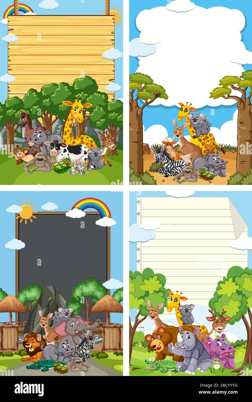 Border template design with many wild animals in background ...