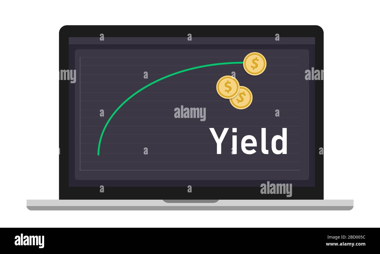 Yield curve shows earnings generated on an investment over a particular period of time. graph and coin money on laptop Stock Vector