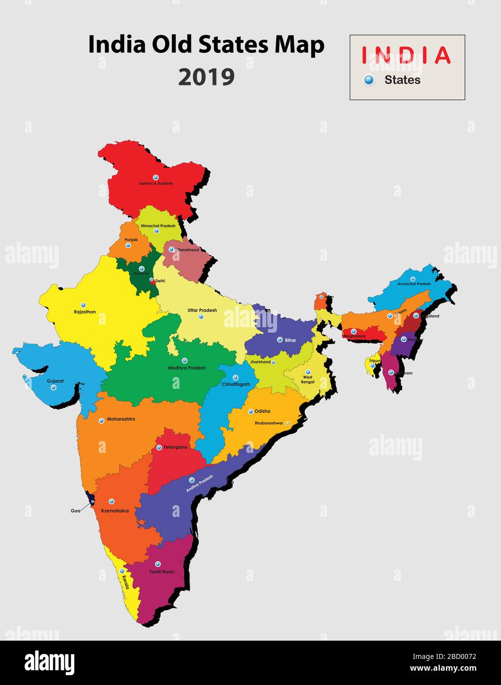 3D view of India map. States map of India in 3d view. old map of India with all states division. Stock Vector