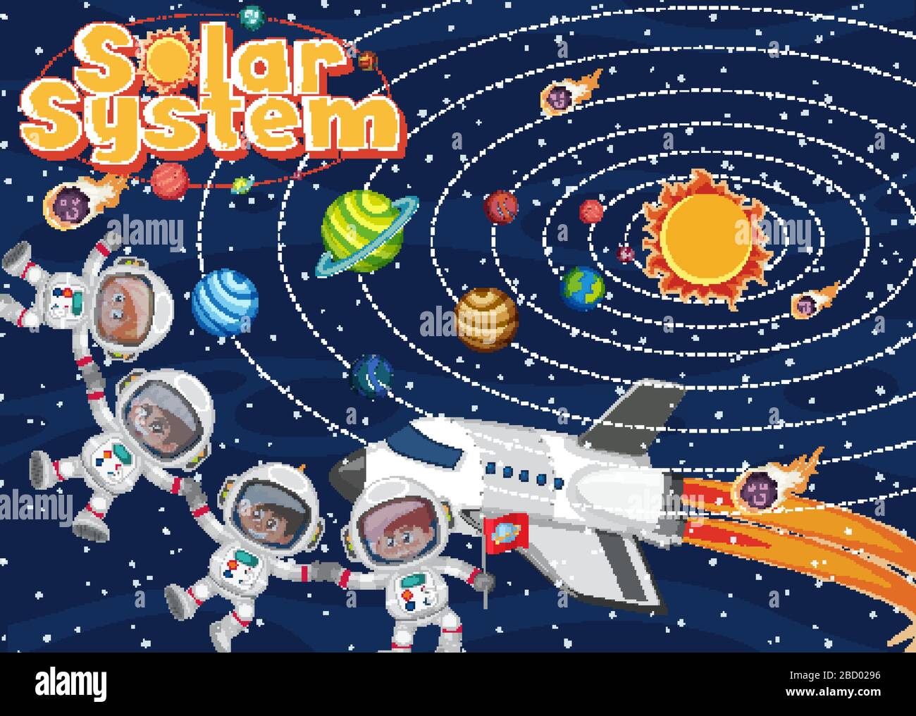 Background scene with many astronauts in space illustration Stock ...