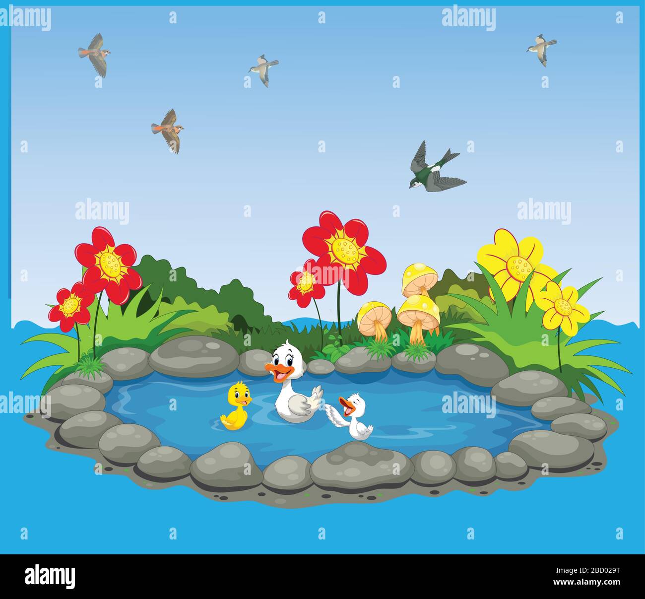 Water theme with duck and birds with flower garden of forest vector illustration. Stock Vector