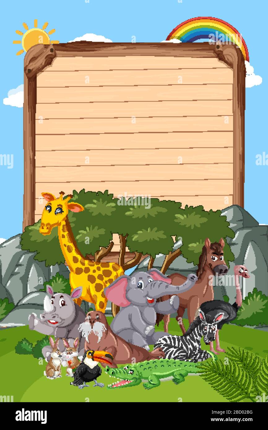 Border template design with many wild animals in background