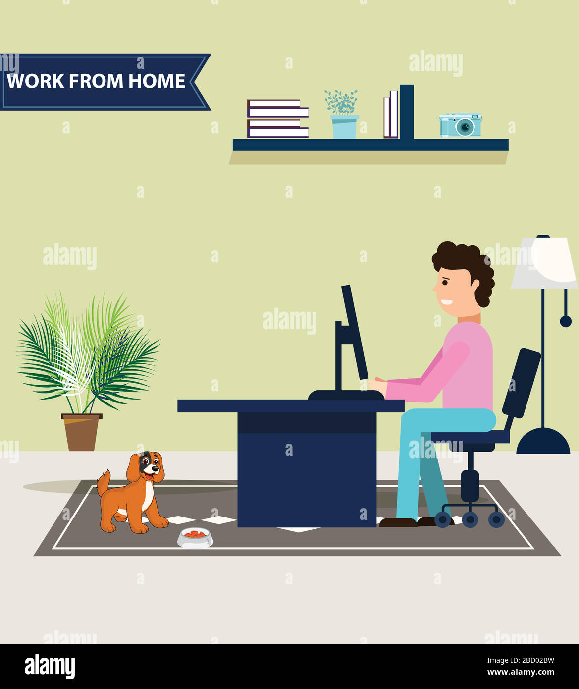 Work from home. Employee sitting on a chair and working with computer and laptop. employee working from home Stock Vector
